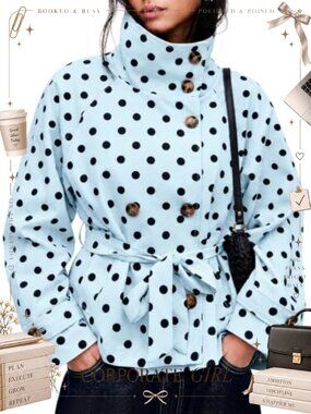 Women's Polka Dot Cropped Trench Coat Belted Casual Short Jacket